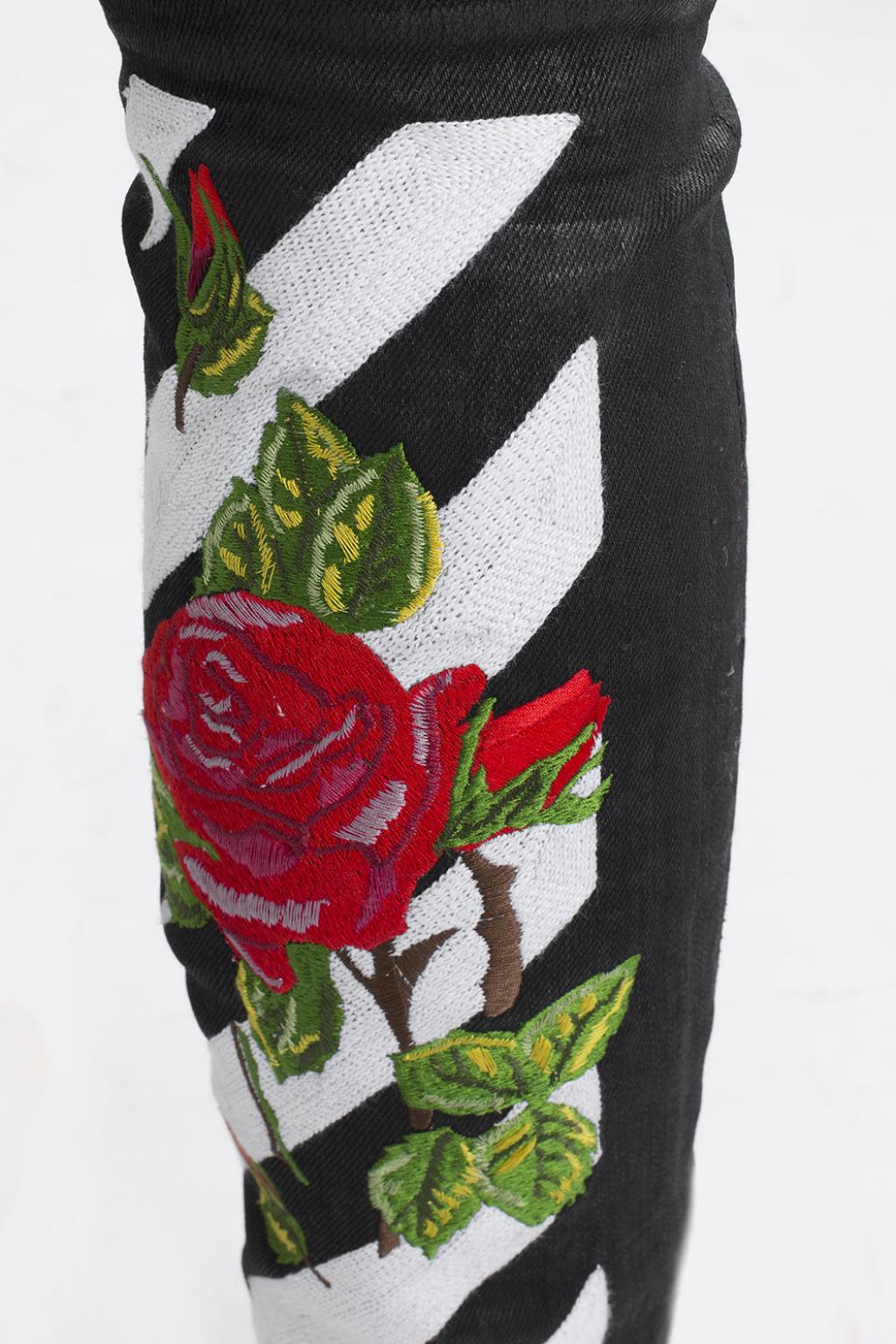 off white rose embroidered jeans